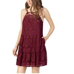 Speechless Dress Burgundy Lace Illusion Neckline Sleeveless Pockets Mini Medium